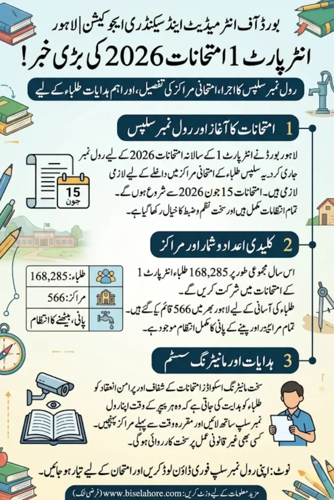BISE Lahore Inter Part 1 Exams 2026: Roll Number Slips Issued, Exam Schedule and Centers Announced
