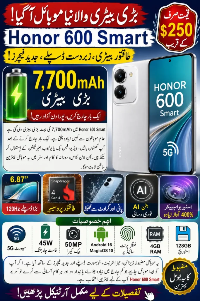 Honor 600 Smart Launched with 7,700mAh Battery, Snapdragon 4 Gen 4 and 120Hz Display